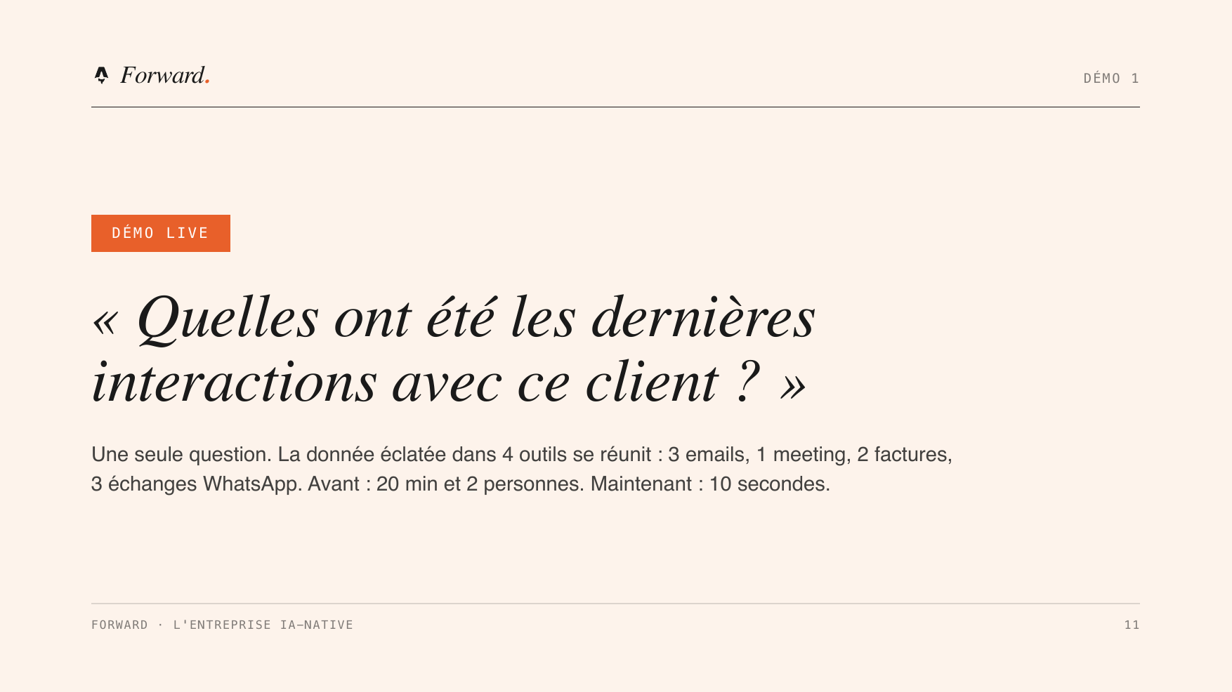 Avant et après la donnée centralisée : réunir les interactions d'un client éparpillées dans quatre outils prenait 20 minutes et deux personnes, contre 10 secondes une fois la donnée reliée.
